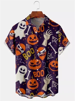 Halloween Pattern Black Cat Orange Pumpkin Bats Print Buttoned Hawaiian Shirt