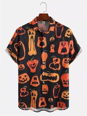 Halloween Pattern Black Cat Orange Pumpkin Bats Print Buttoned Hawaiian Shirt