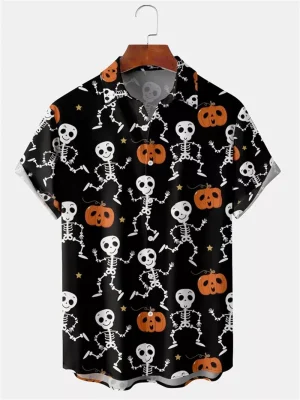 Halloween Pattern Black Cat Orange Pumpkin Bats Print Buttoned Hawaiian Shirt