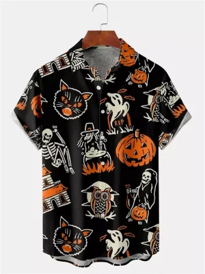 Halloween Pattern Black Cat Orange Pumpkin Bats Print Buttoned Hawaiian Shirt