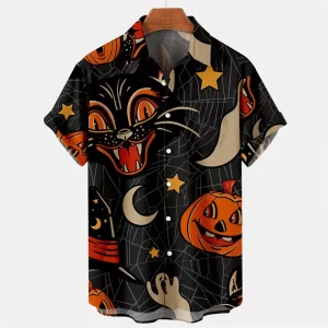 Halloween Pattern Black Cat Orange Pumpkin Bats Print Buttoned Hawaiian Shirt