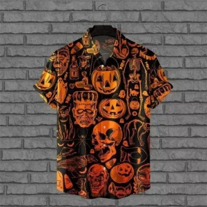 Halloween Pattern Black Cat Orange Pumpkin Bats Print Buttoned Hawaiian Shirt