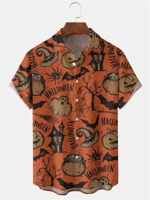 Halloween Pattern Black Cat Orange Pumpkin Bats Print Buttoned Hawaiian Shirt