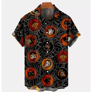 Halloween Pattern Black Cat Orange Pumpkin Bats Print Buttoned Hawaiian Shirt