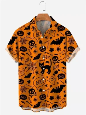 Orange Halloween Pattern Pumpkin Bats Skull Print Buttoned Hawaiian Lapel Shirt