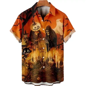 Halloween Pumpkin Skull Ghost Pattern 3D Print Hawaiian Buttoned Shirt Lapel Top