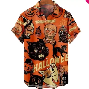 Halloween Witch Skull Ghost Trick Or Treat Print Unisex Button Hawaiian Shirt