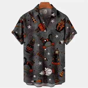 Halloween Pattern Black Cat Orange Pumpkin Bats Print Buttoned Hawaiian Shirt