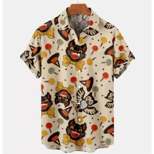 Halloween Pattern Black Cat Orange Pumpkin Bats Print Buttoned Hawaiian Shirt