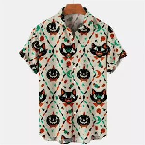 Halloween Pattern Black Cat Orange Pumpkin Bats Print Buttoned Hawaiian Shirt