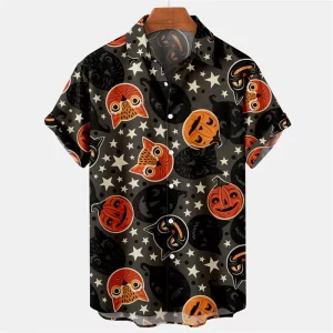 Halloween Pattern Black Cat Orange Pumpkin Bats Print Buttoned Hawaiian Shirt